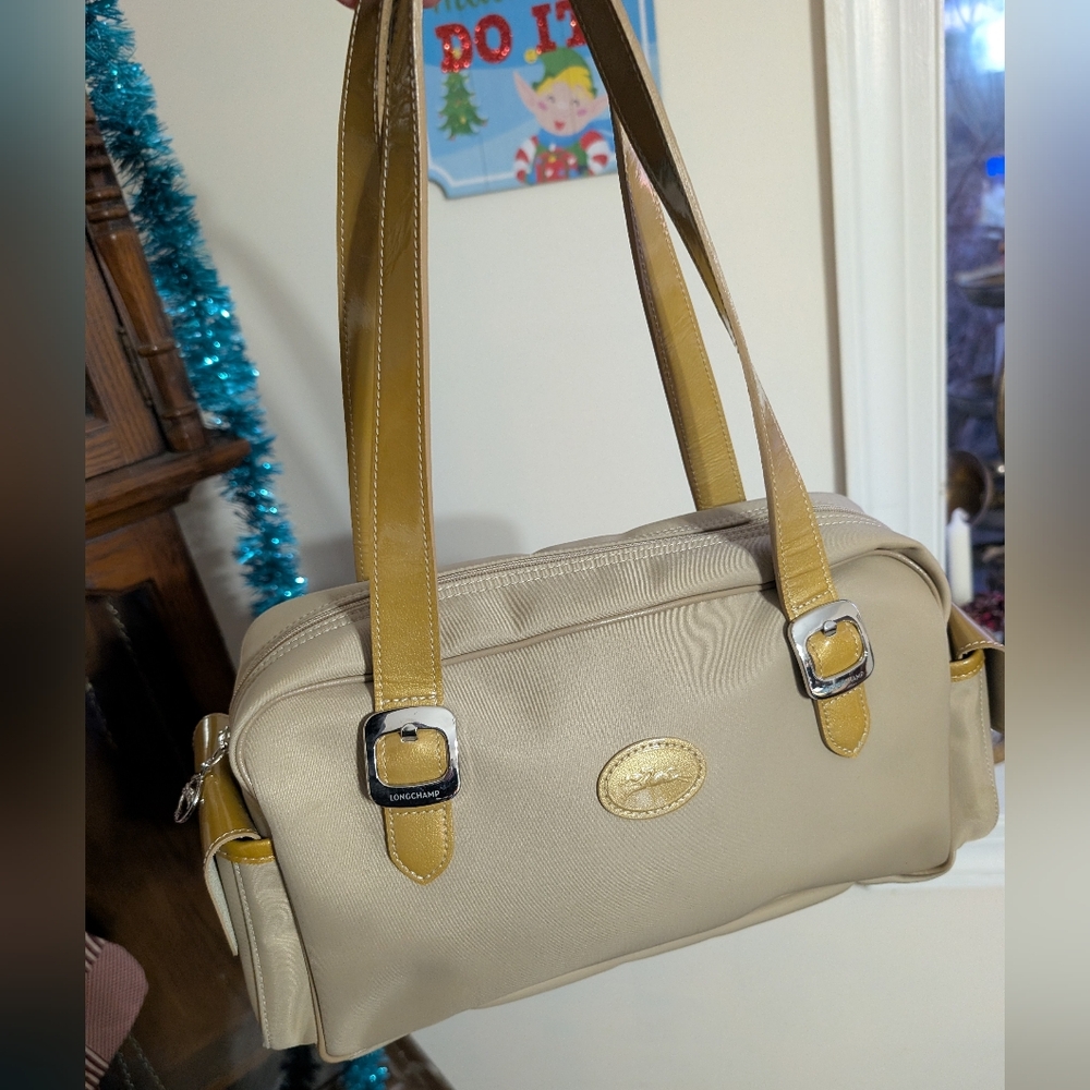 Longchamp Vintage Tan Canvas & Mustard Patent Leather Bowler Bag